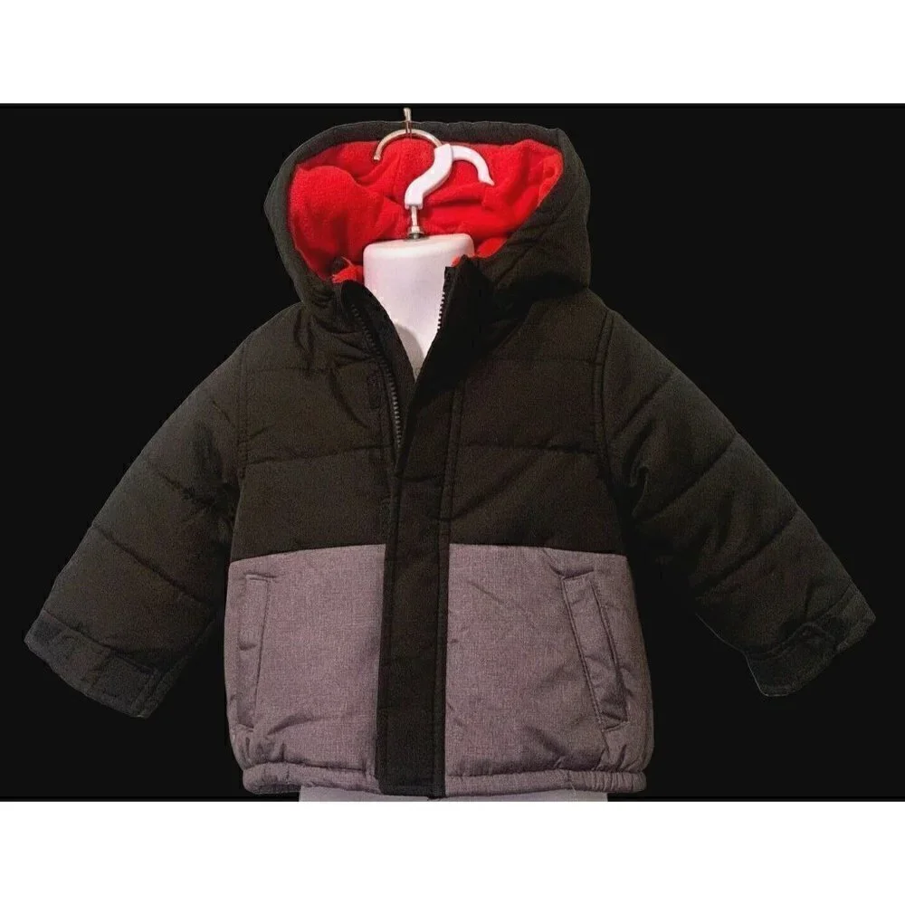 Carter's Classic Unique Full Zip Puffer Jacket Size 18M Gray Black Red Hoodie